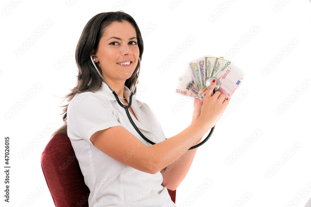 Nurse checking the money with stethoscope, white background Nurse checking the money with stethoscope, white background