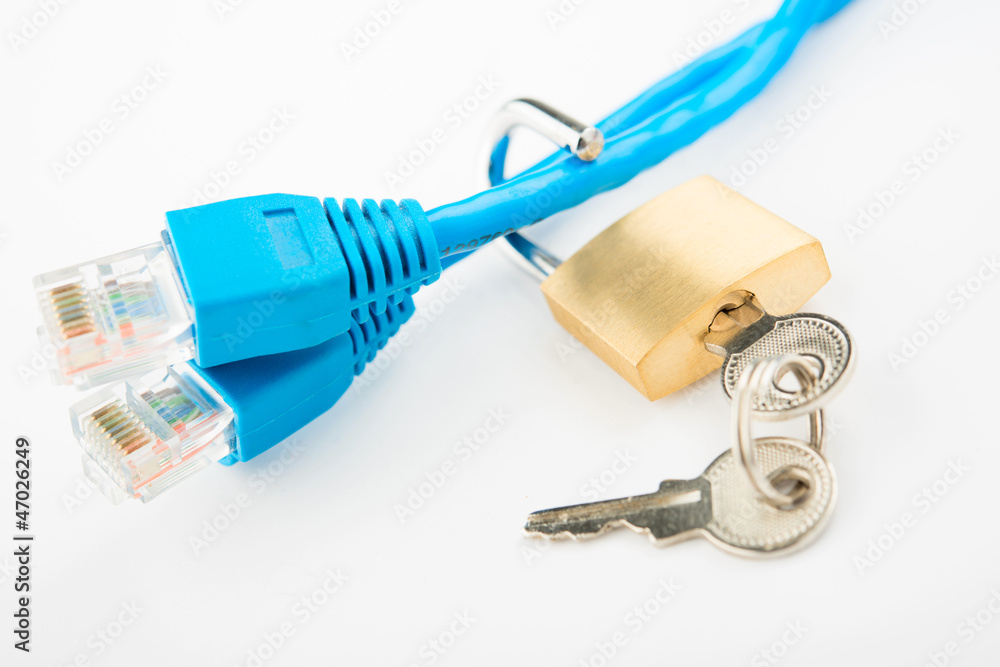 Security concept. Lock and two network cable Security concept. Lock and two network cable