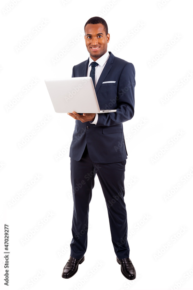 African American business man with laptop, isolated on white African American business man with laptop, isolated on white