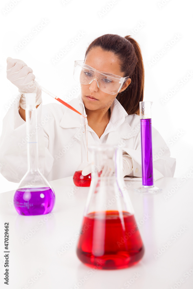 Female researcher checking test tubes, isolated on white Female researcher checking test tubes, isolated on white