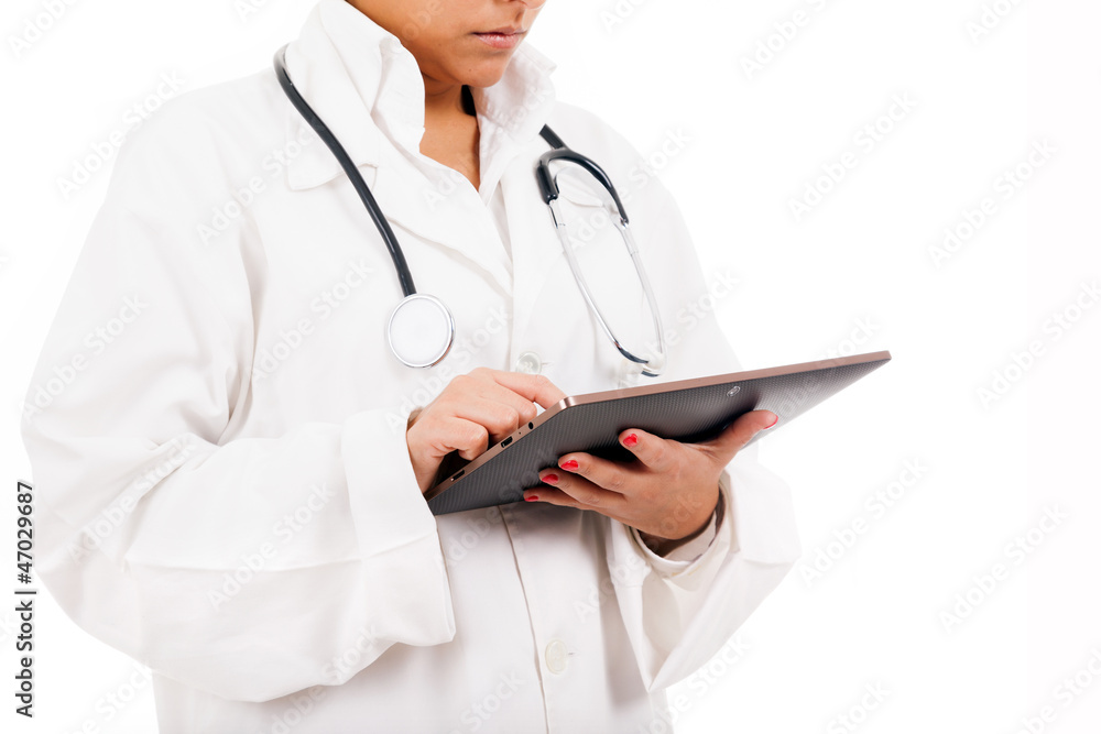 Female doctor with tablet computer, ssolated over white backgrou Female doctor with tablet computer, ssolated over white backgrou
