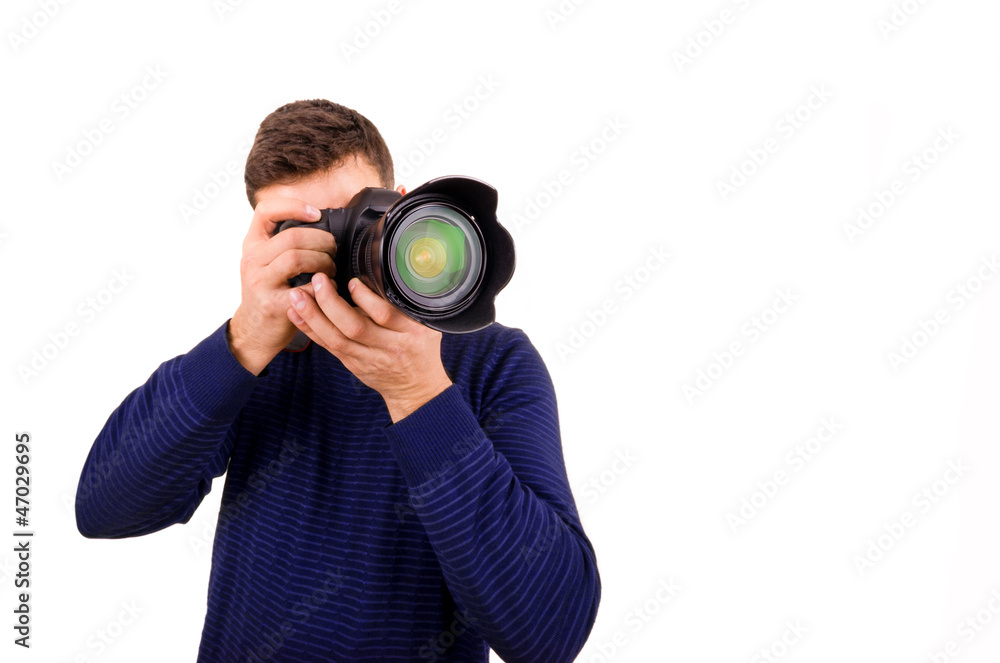 Young photographer with camera on white background Young photographer with camera on white background