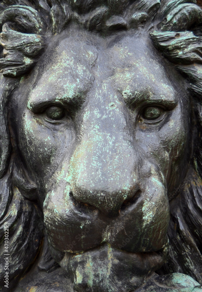A Closeup Of The Head Of A Bronze Statue Of A Lion