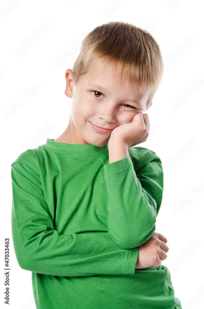 Portrait of joyful beautiful little boy isolated on white backgr Portrait of joyful beautiful little boy isolated on white backgr