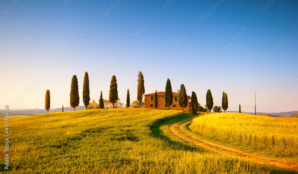Paesaggio Toscano, villa con cipressi