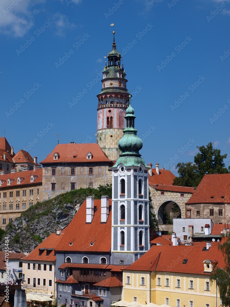 Cesky Krumlov castle tower and St Jost church, Czech Republic
