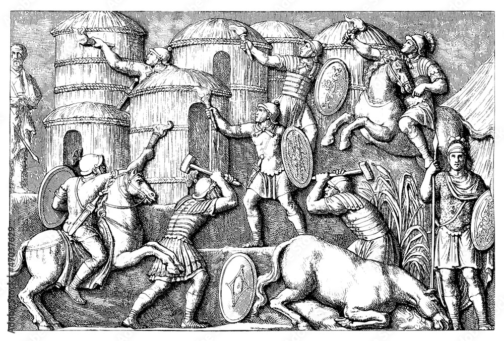 Obraz premium After victory : antique Romans burning a Barbarian village
