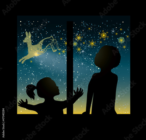 Christmas card / Children behind the window
