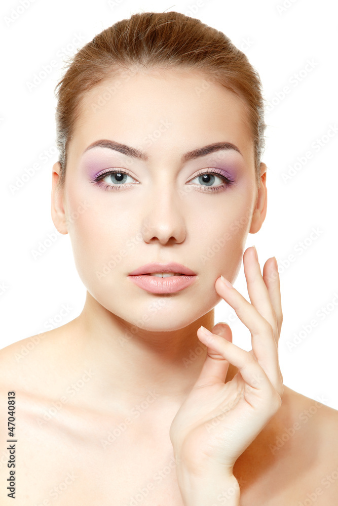 Woman pefect beauty face closeup with clean skin and pink soft m Woman pefect beauty face closeup with clean skin and pink soft m