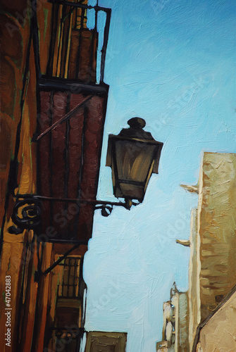 ancient lantern in gothic quarter in barcelona, illustration, pa #47042883