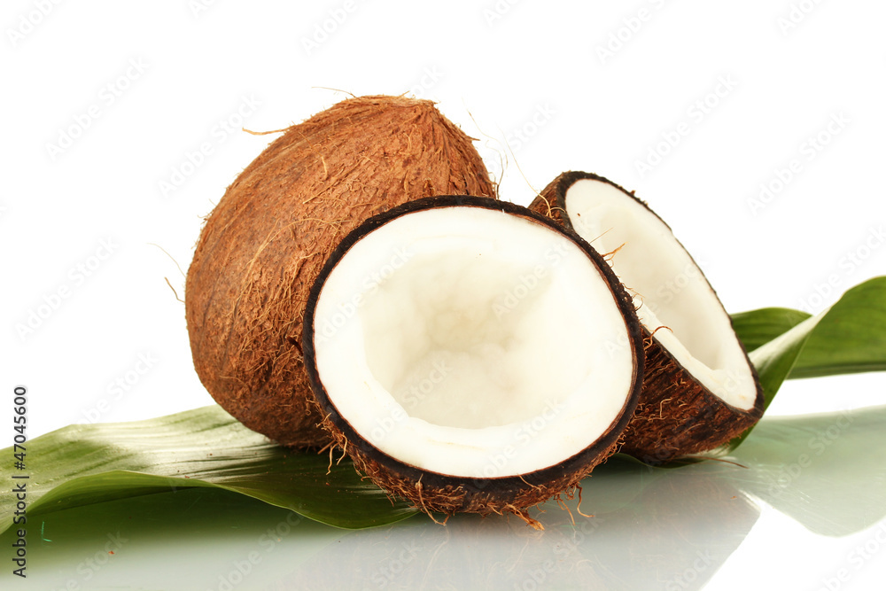 coconuts with green leaf on white background close-up coconuts with green leaf on white background close-up