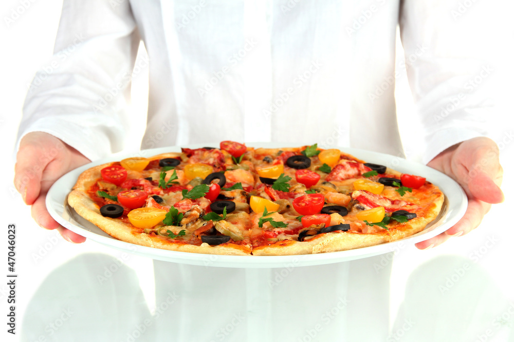 Waiter holding a dish with baked pizza Waiter holding a dish with baked pizza