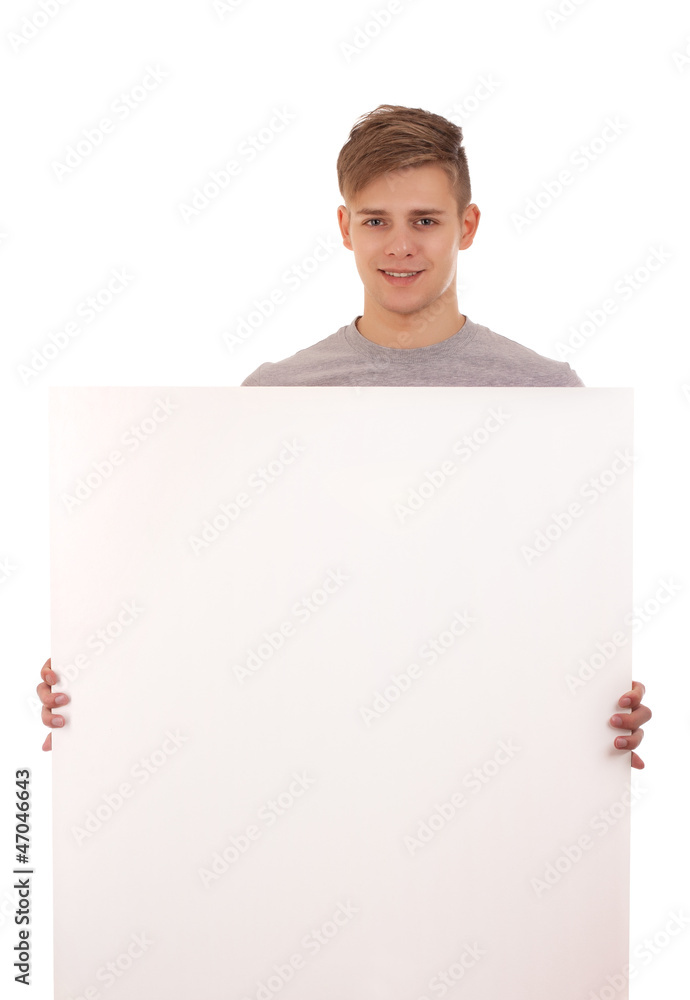 Portrait of young man with blank board Portrait of young man with blank board