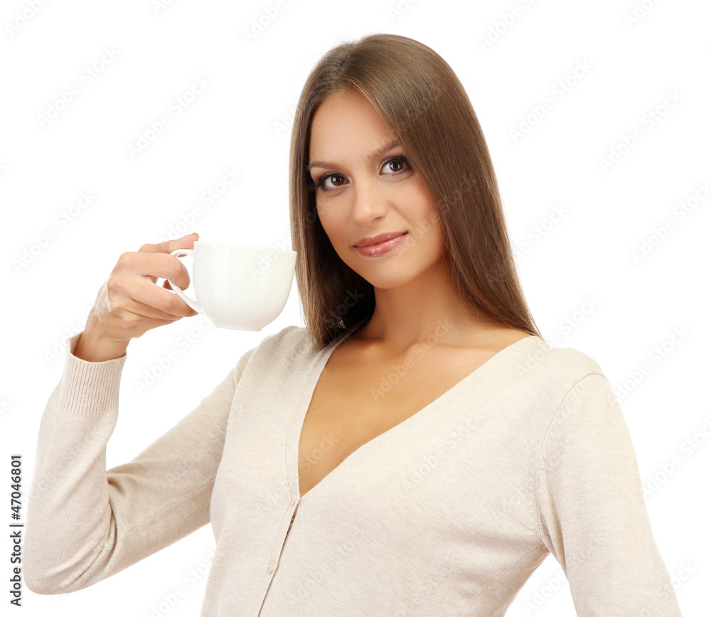 beautiful young woman with cup of coffee, isolated on white beautiful young woman with cup of coffee, isolated on white