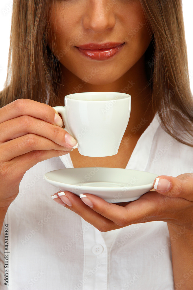 beautiful young woman with cup of coffee, close up beautiful young woman with cup of coffee, close up