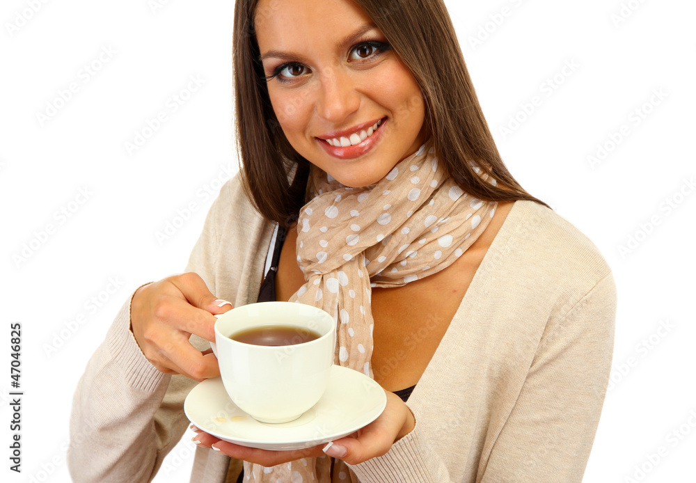 beautiful young woman with cup of coffee, isolated on white beautiful young woman with cup of coffee, isolated on white