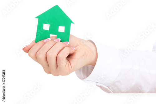 concept: woman hand with paper house, isolated on white