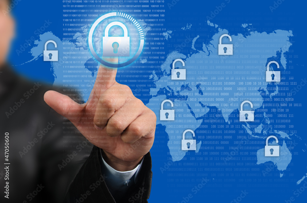 Businessman pressing on the Lock button Businessman pressing on the Lock button