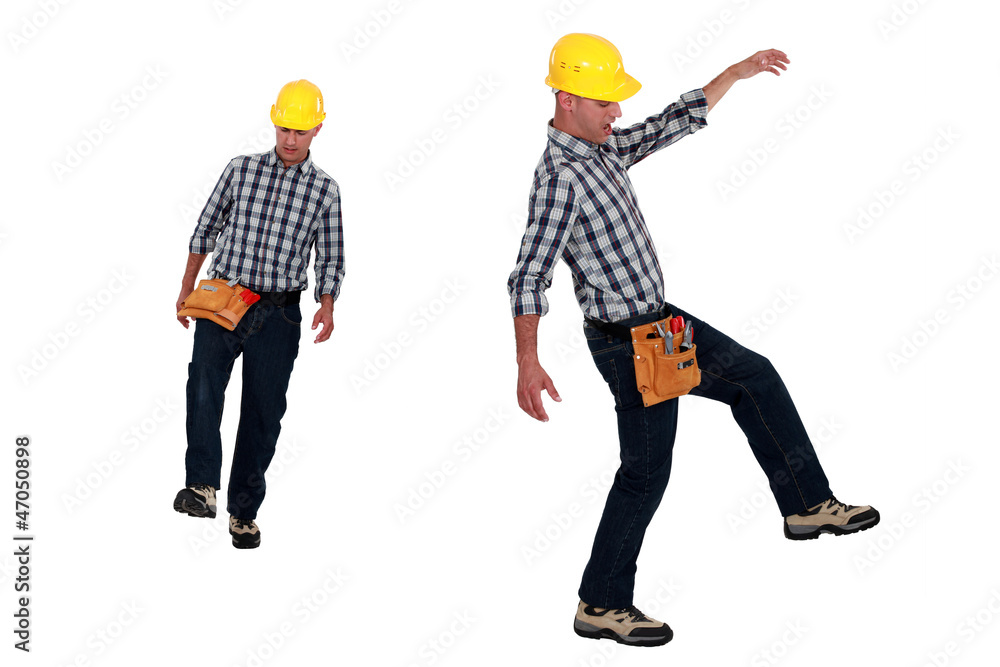 Construction worker taking big steps