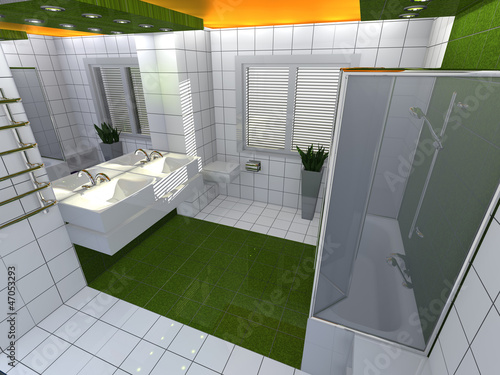 Modern luxury bathroom yellow green white interior.