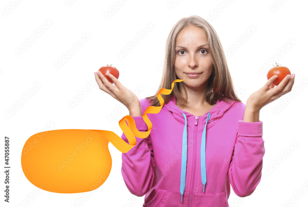 Woman with tomatoes, isolated on white
