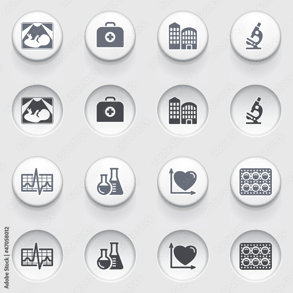 Medicine icons on white buttons. Set 3. Medicine icons on white buttons. Set 3.