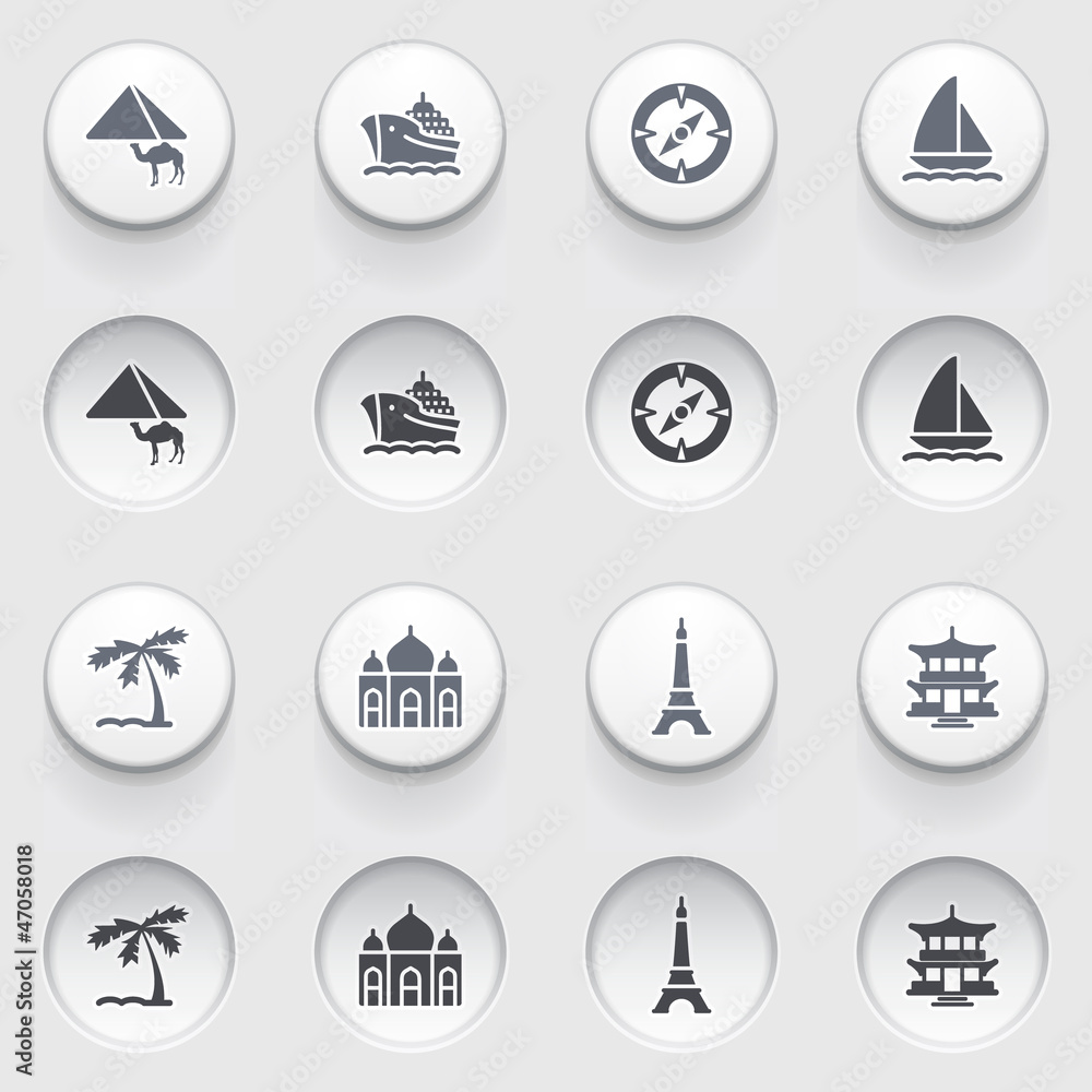 Travel icons on white buttons. Set 2.