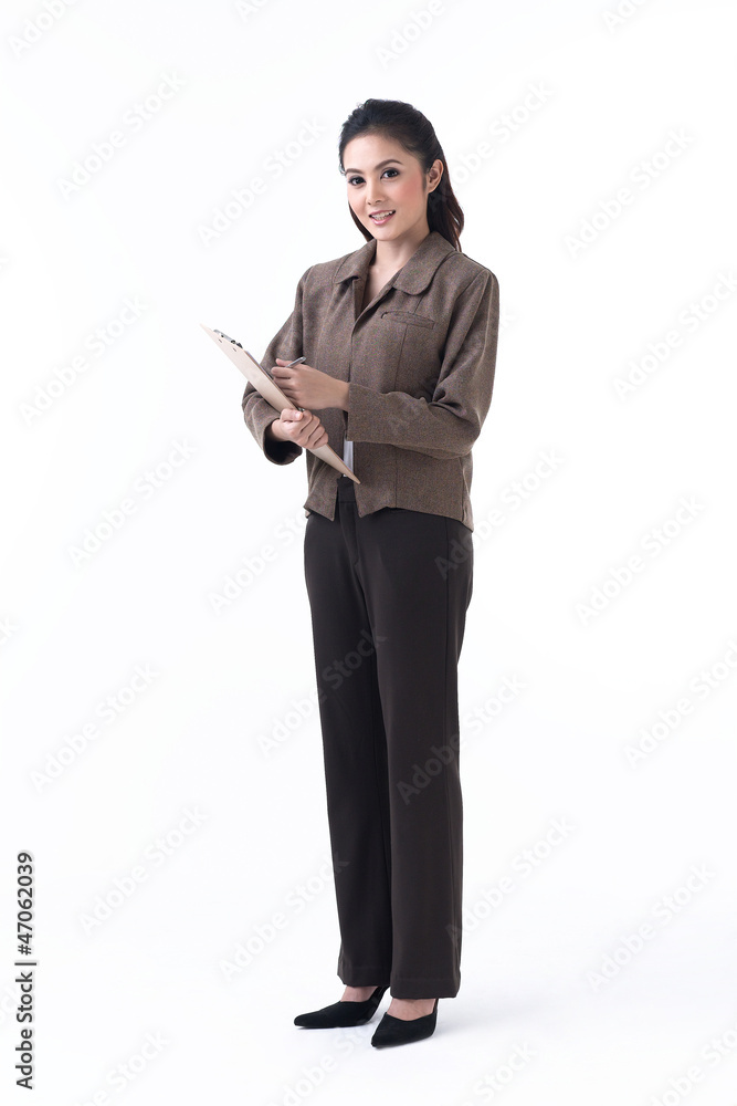 business woman holding a clipboard and prepare to write business woman holding a clipboard and prepare to write