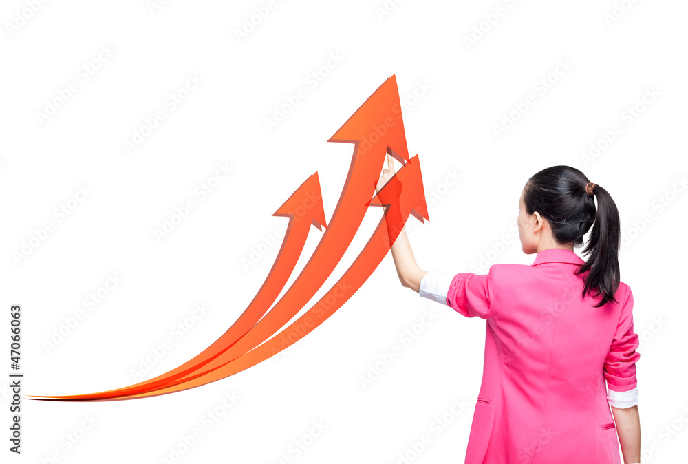 Young women pointing downward trend Young women pointing downward trend