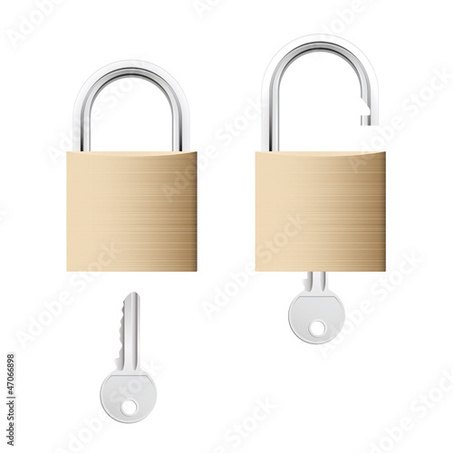 Locked and unlocked gold locks with keys isolated on white