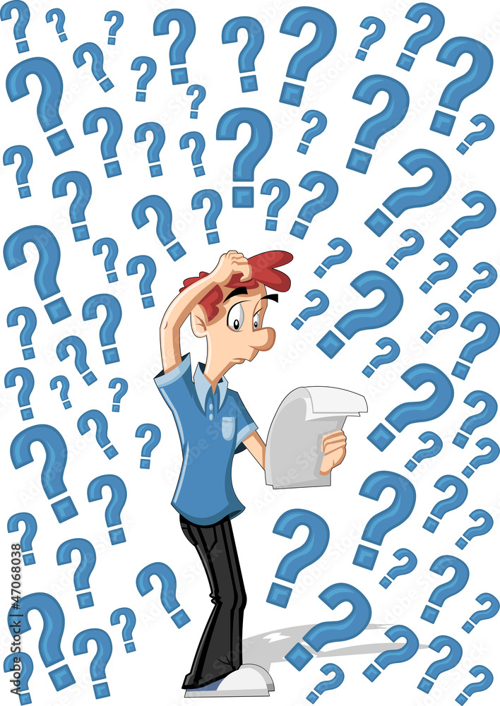 Confused cartoon man surrounded by question marks Confused cartoon man surrounded by question marks