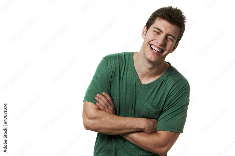 Young handsome male model laughing posing white background studi Young handsome male model laughing posing white background studi