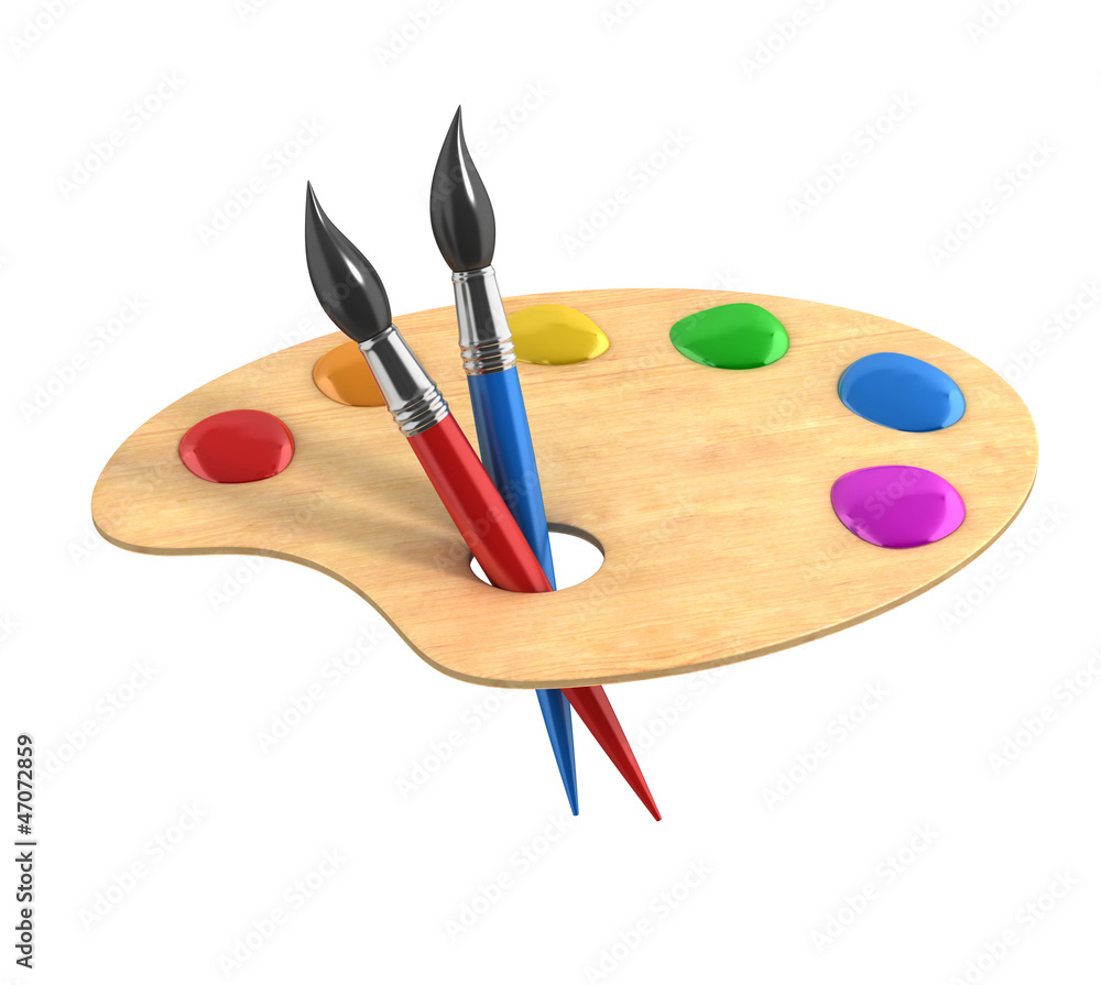 Fototapeta premium Wooden art palette with paints and brushes