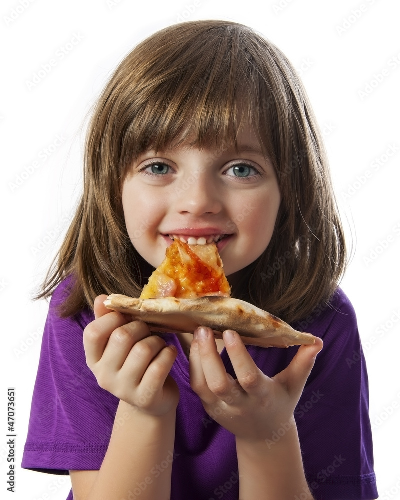 a little girl eating a pizza on a white background a little girl eating a pizza on a white background