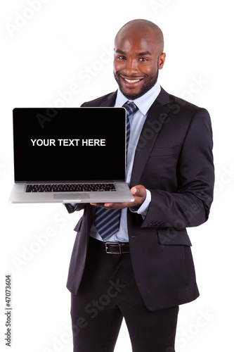 African Amercian business man showing a laptopn screen photo