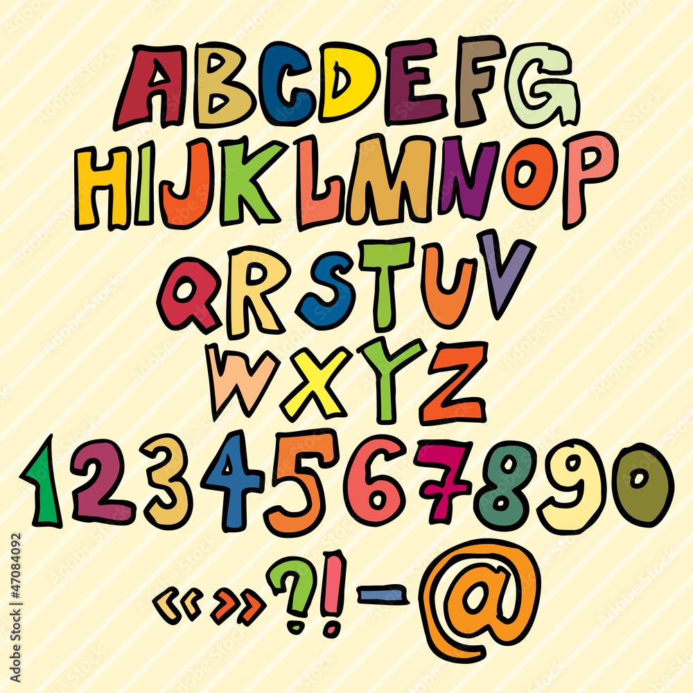 Hand drawn Trendy Font in Colors on White background Hand drawn Trendy Font in Colors on White background