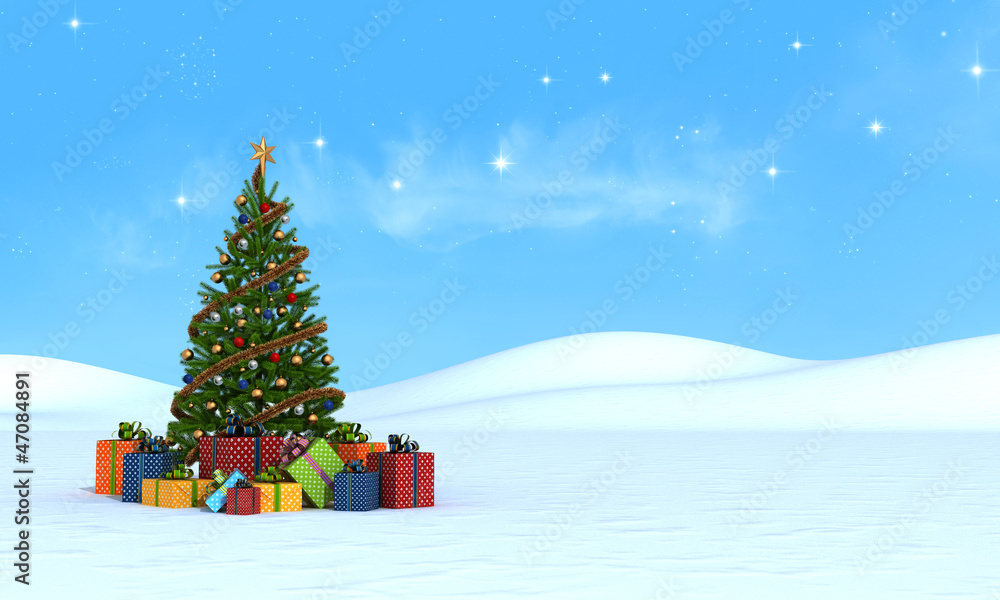 christmas tree  on snow - rendering