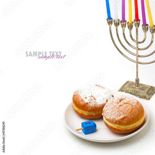 Jewish holiday Hanukkah symbols on white background