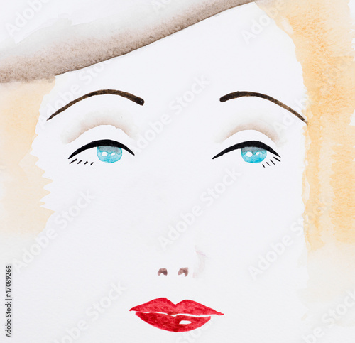 hand drawn watercolor portrait of glamourous woman