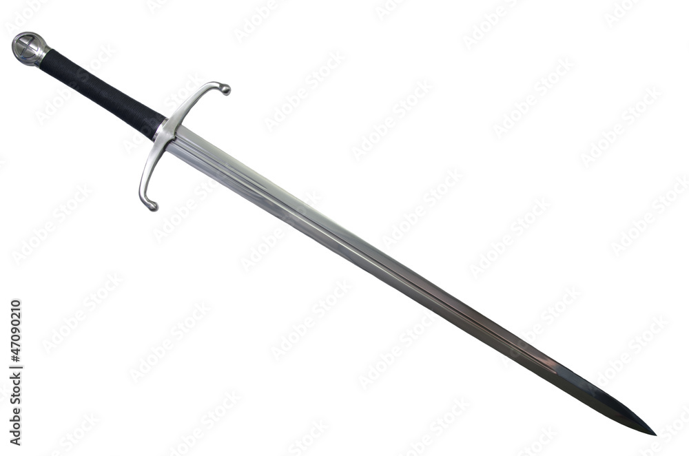 Isolated medieval sword with a polished stainless steel blade and classic hilt design on a white background. Ideal for historical, fantasy, and cosplay themes, showcasing elegance and craftsmanship. Isolated medieval sword with a polished stainless steel blade and classic hilt design on a white background. Ideal for historical, fantasy, and cosplay themes, showcasing elegance and craftsmanship.