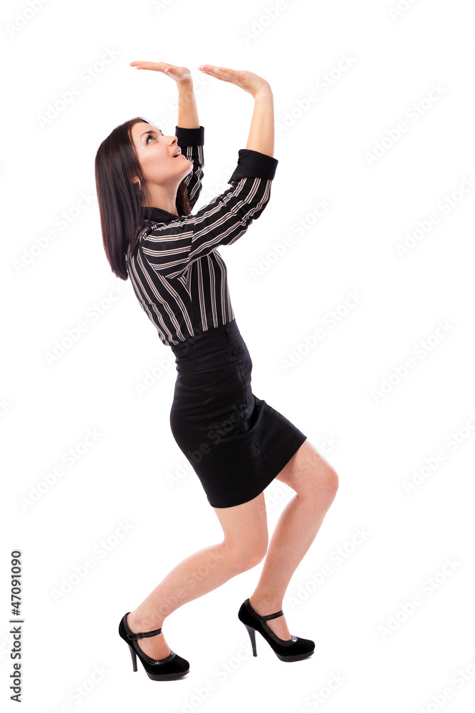 Young businesswoman crushed by an invisible large object, insert Young businesswoman crushed by an invisible large object, insert