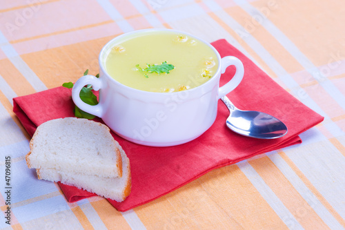 Cheese soup served photo