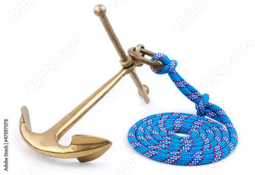 old marine anchor and blue rope