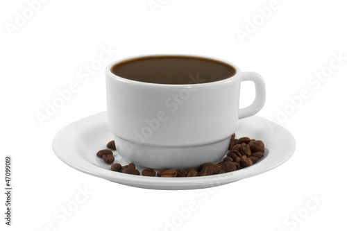 A cup of hot coffee with roasted coffee beans
