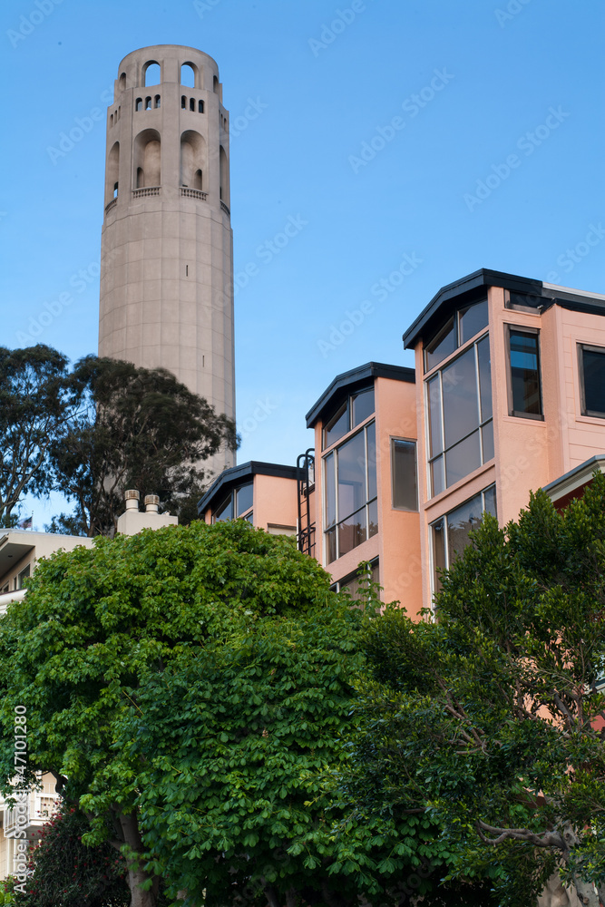 Coit Tower and houses in San Francisco