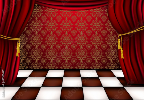 Royal hall with red curtains and checkered tiles