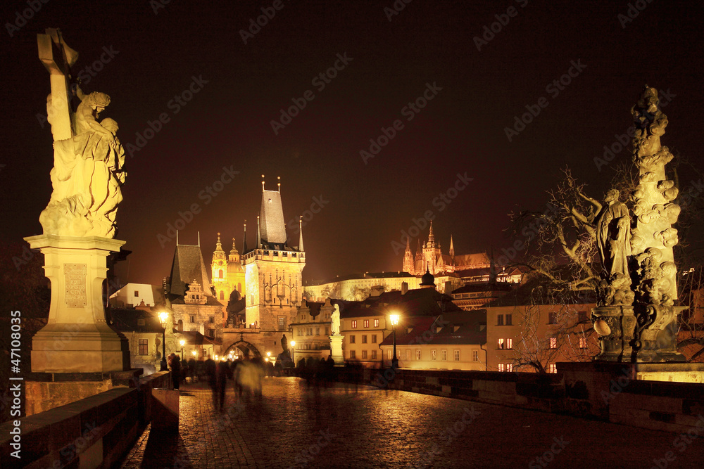 Prague gothic Castle with Charles Bridge in the Night, Czech