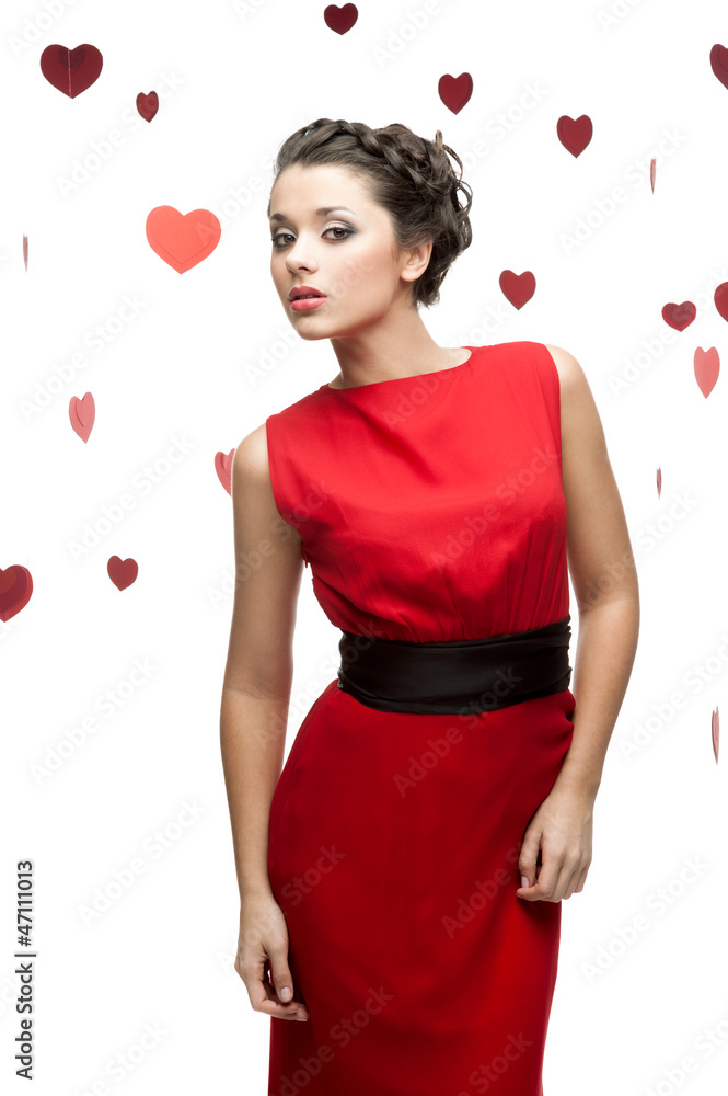sexy stylish woman over red paper heart background sexy stylish woman over red paper heart background