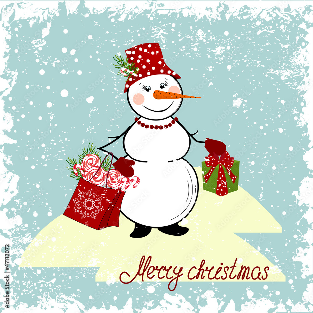 Christmas card with a snowman and gifts Christmas card with a snowman and gifts