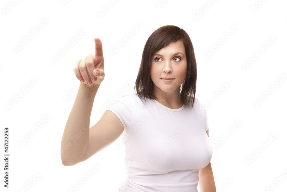 Women touching the screen on white background Women touching the screen on white background